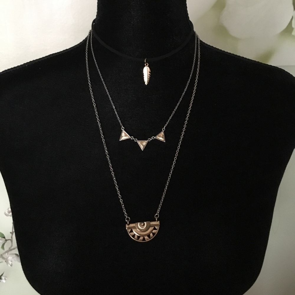 Gold, silver, and black bohemian necklace set